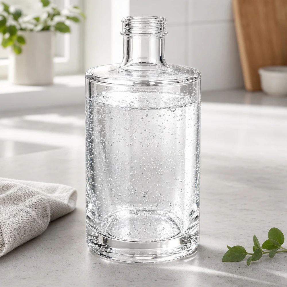 Bottiglia di vetro da 375 ml di Sam riempita di acqua frizzante su un piano di lavoro della cucina di colore chiaro con asciugamano da cucina e pianta