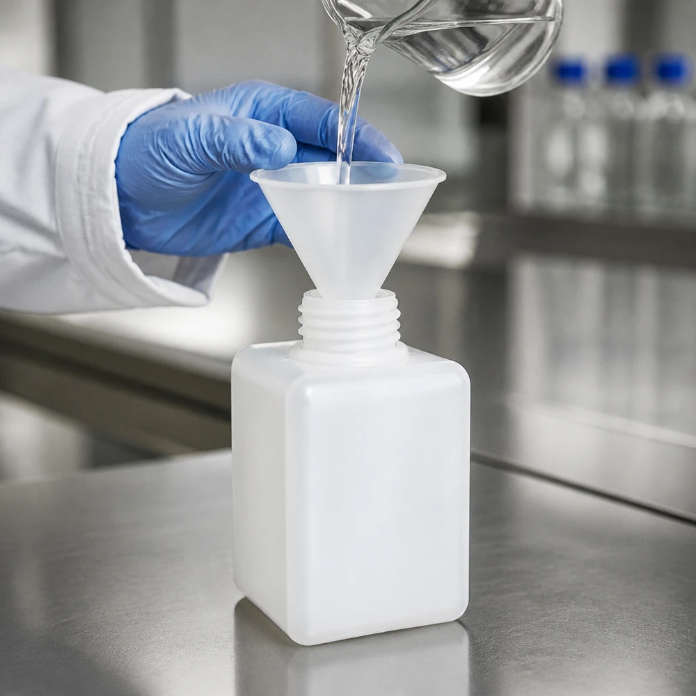 Flacon à produits chimiques 100 ml à col étroit, PEHD couleur naturelle, GL 25 Flacon de laboratoire en PE-HD de 100 ml à col étroit GL 25, avec entonnoir en plastique transparent posé sur une surface en acier inoxydable