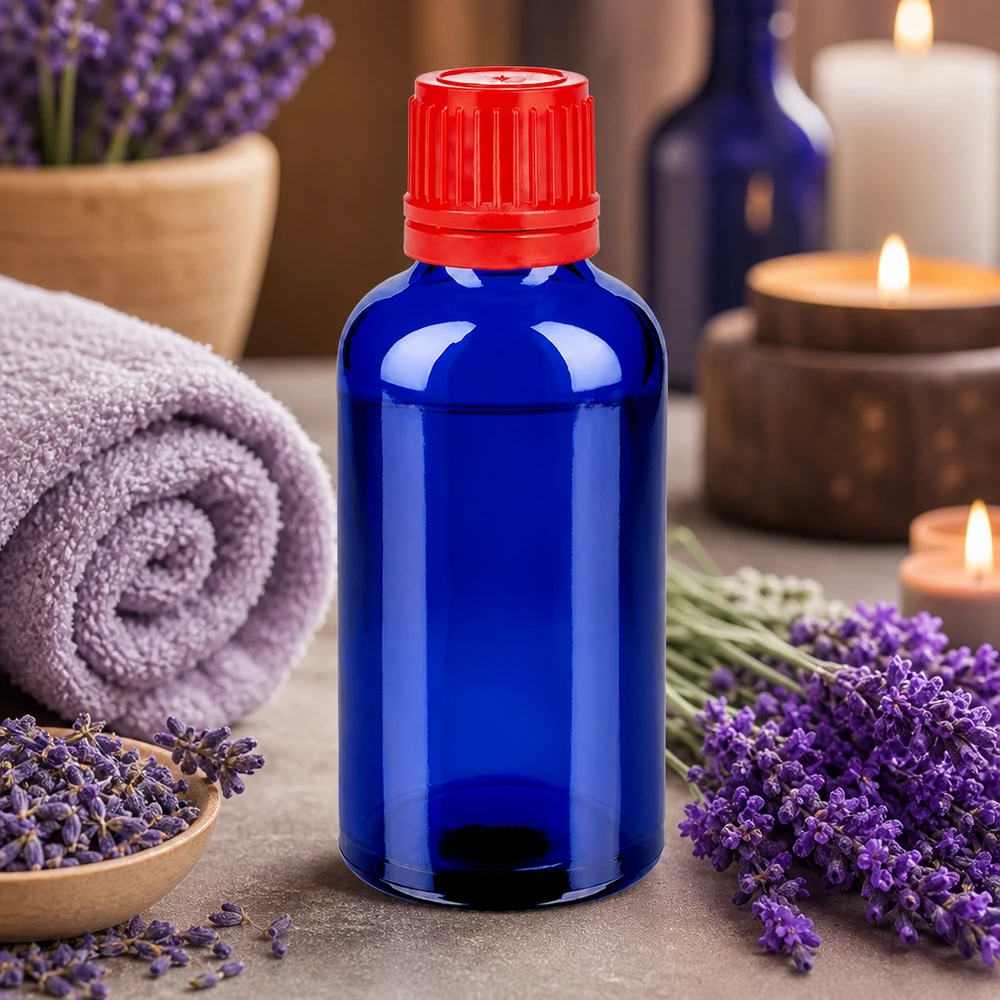 50ml Flasche 11mm Schraubverschluss rot Originalitätsverschluss BlueLine UT18/50 Runde 50ml Glasflasche blau mit rotem Schraubdeckel 11mm SV OV BlueLine UT18/50