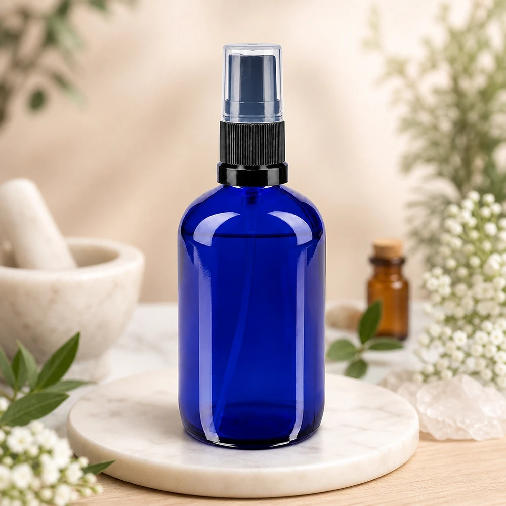 Apothekenflasche blau 100ml Sprayaufsatz schwarz Professionelle 100ml Glassprayflasche in Kobaltblau mit schwarzem Pumpkopf für Naturkosmetik