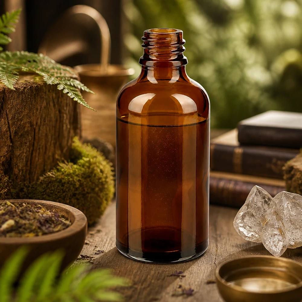 Flacone da farmacia in ApoGlas marrone da 50 ml con estratto di erbe naturali tra cristalli di muschio e libri antichi
