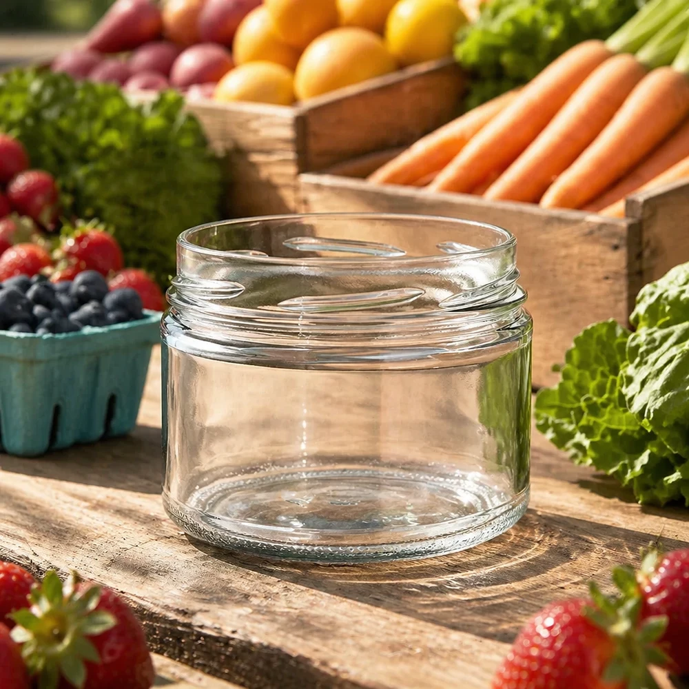 540ml Rundglas ohne Deckel (TO100) UNiTWIST Leeres UNiTWIST Runda540 Sturzglas 540ml TO100 auf Holztisch mit frischem Obst und Gemüse im Hintergrund