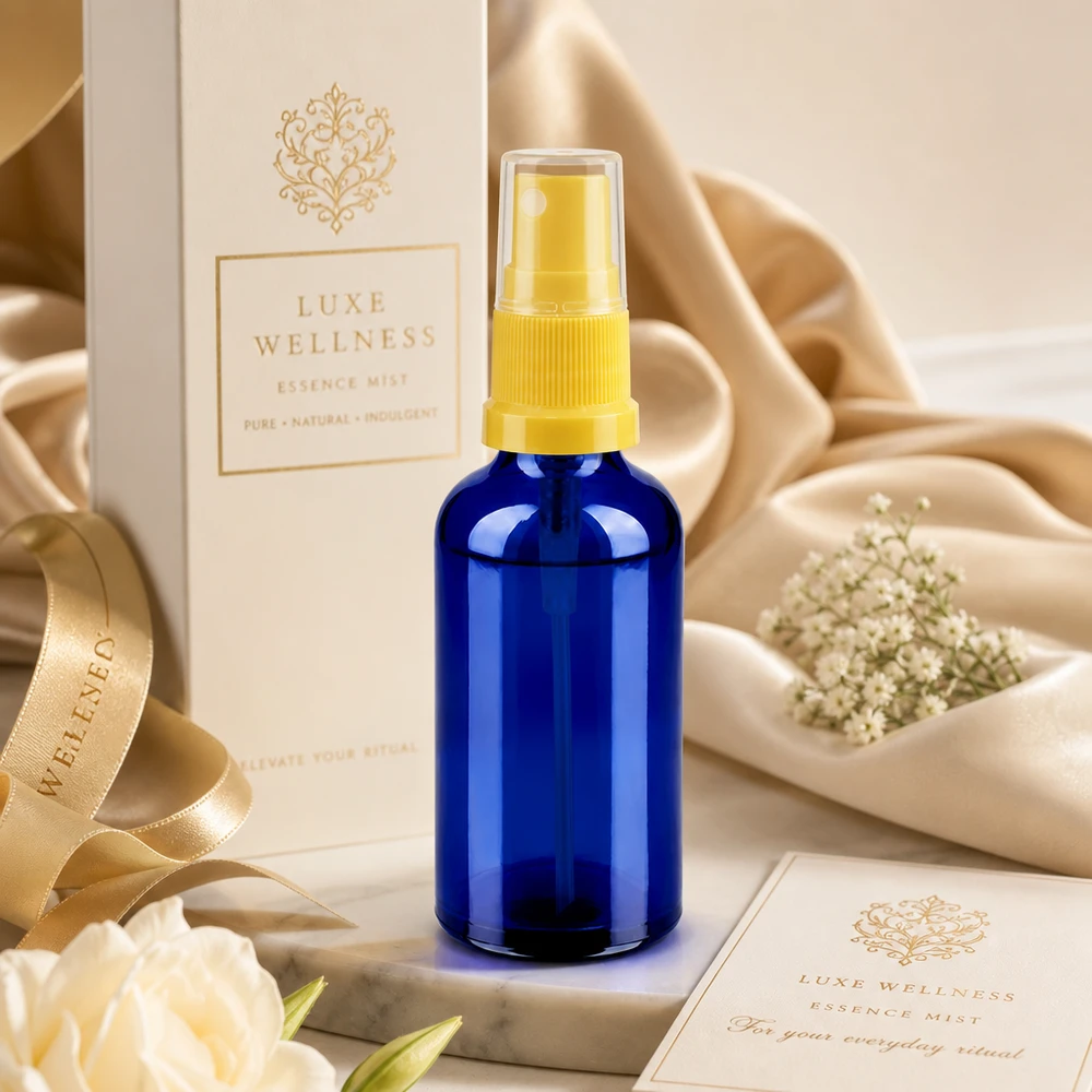 Il flacone di vetro per la protezione dalla luce da 50 ml in blu scuro protegge gli ingredienti sensibili alla luce dai raggi UV.