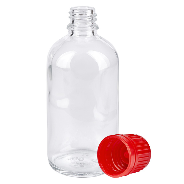 Bottiglia da 100ml 11mm SV rosso OV ClearLine UT18/100 Flacone in vetro ClearLine da 100 ml, modello UT18, con tappo di sicurezza per bambini rosso da 11 mm, aperto