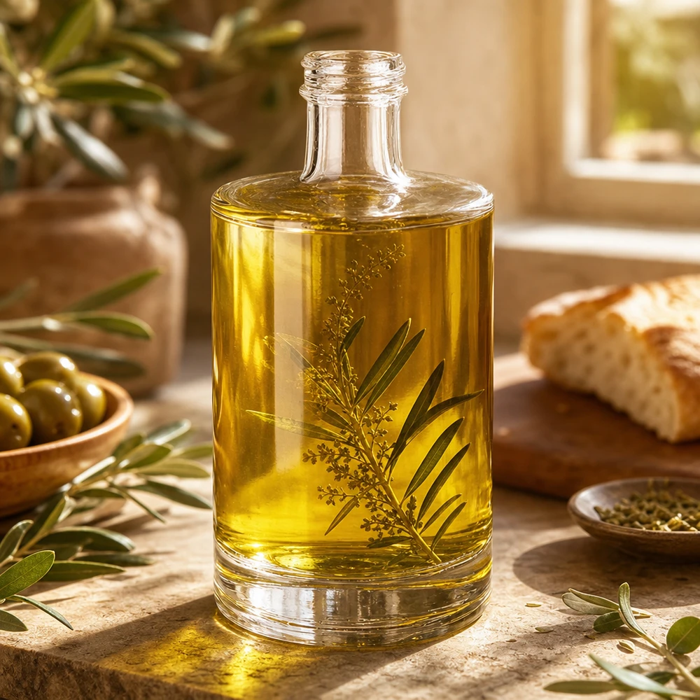 Bottiglia di vetro da 500 ml Sam riempita con olio d'oliva ed erbe aromatiche Esempio di utilizzo Cucina mediterranea Decorazione
