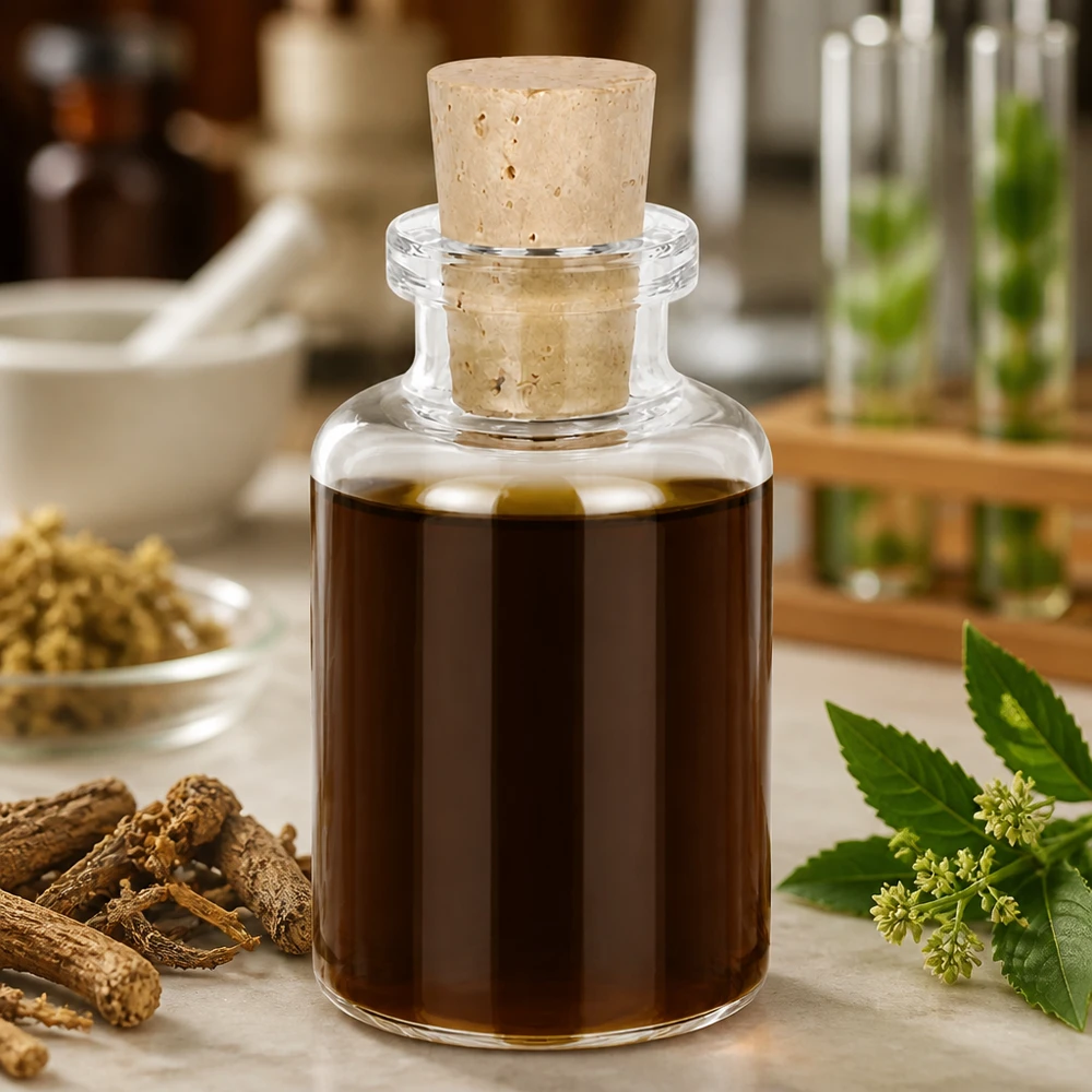 Flasche Klarglas 30ml mit Korken 11/14mm Handliche Klarglasflasche 30ml mit Naturkorken auf Marmorfläche mit botanischen Zutaten