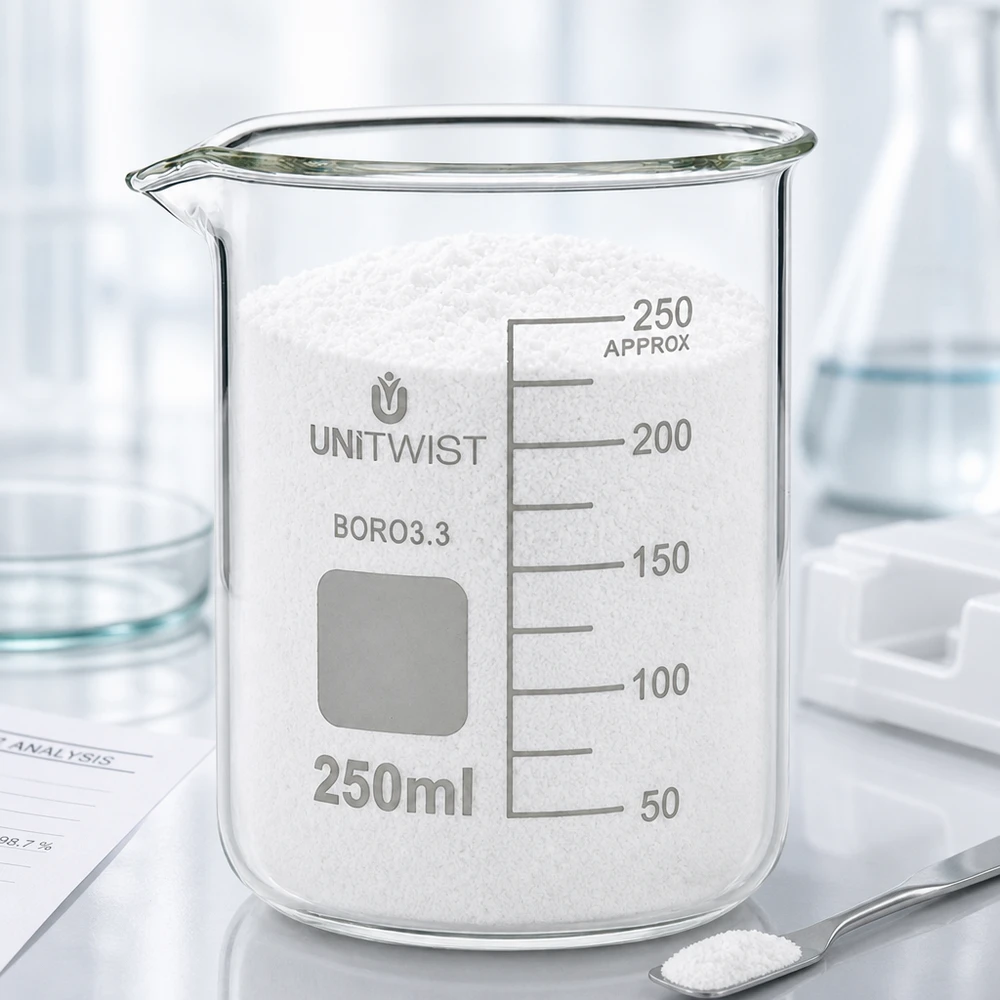 Bicchiere 250ml borosilicato, stampo basso UNiTWIST Becher da 250 ml a forma bassa, riempito di polvere bianca su supporto da laboratorio UNiTWIST