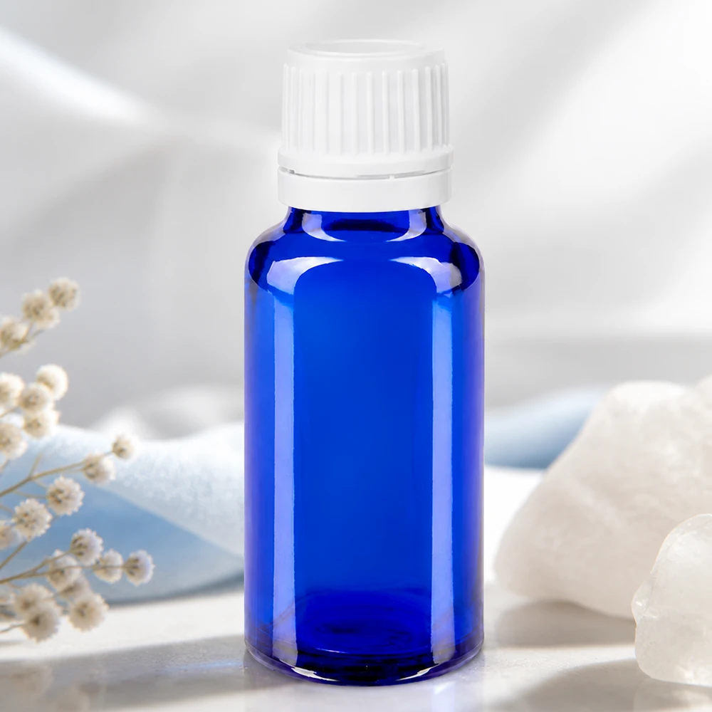 Royalblaue 20ml Apothekerflasche aus Borosilikatglas mit weißem 11mm Verschluss für Laboranwendungen