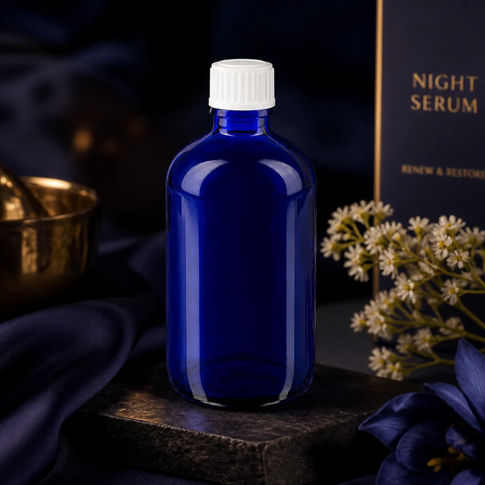 Apothekenflasche blau 100ml Schraubverschluss weiß Standard Blaue 100ml Apothekerflasche mit weißem Verschluss neben Blumen und Nachtserum Box