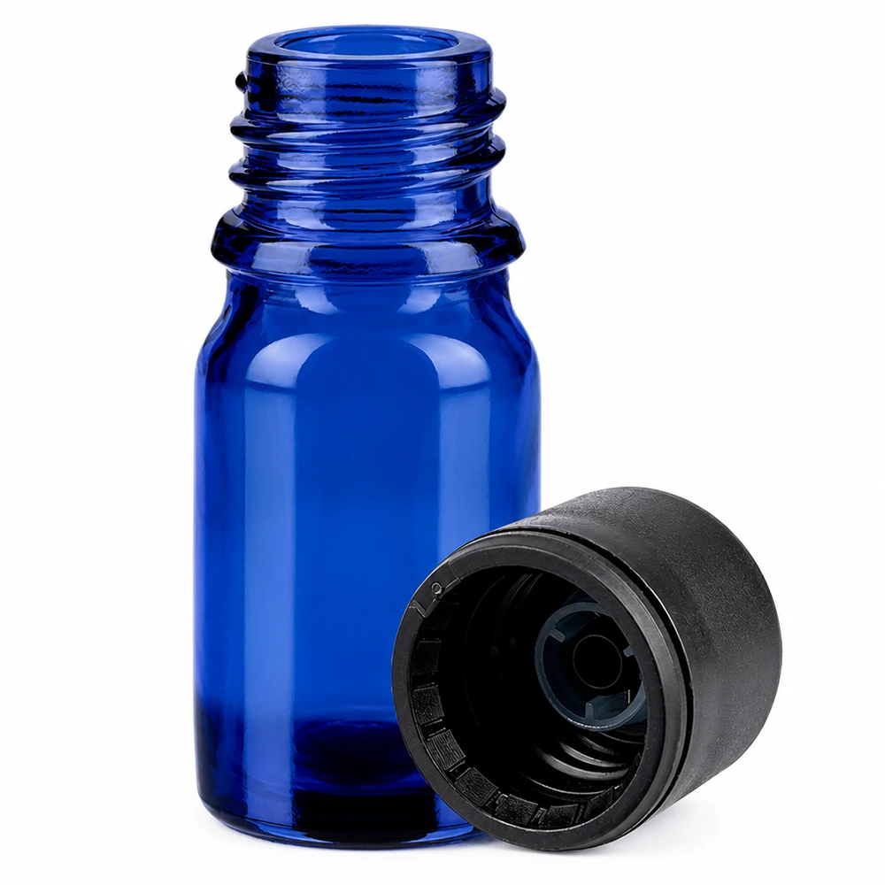 Elegante flacone in vetro blu da 5 ml con coperchio nero opaco per cosmetici e sieri fai da te
