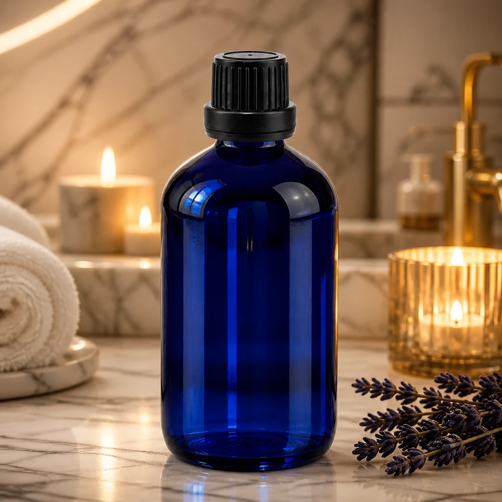 Apothekenflasche blau 100ml Schraubverschluss schwarz Dichteinlage Originalitätsverschluss Blaue Apothekerglasflasche 100ml mit kindersicherem Schwarzdeckel für Naturkosmetik