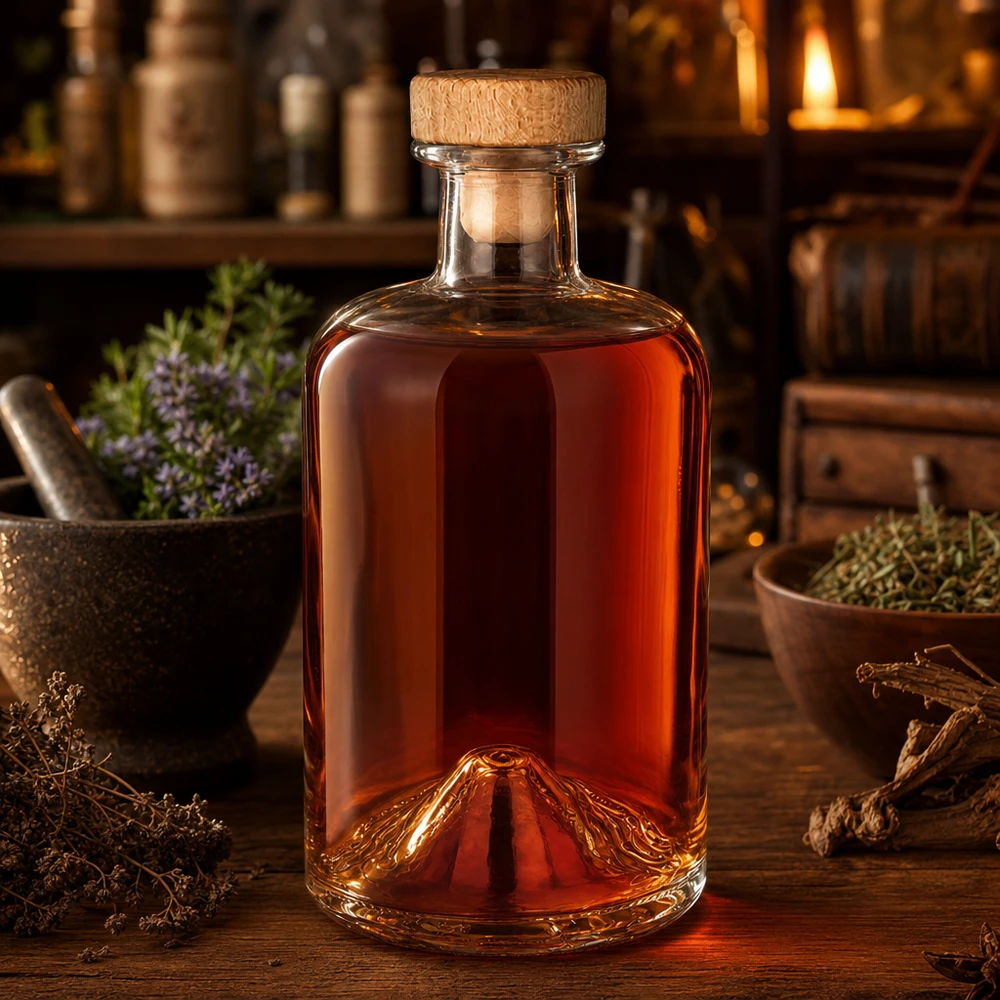 Bottiglia in vetro Sofia UNiTWIST da 500 ml riempita di liquido ambrato in un ambiente di cucina rustica con erbe aromatiche