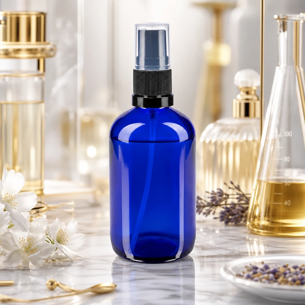 Apothekenflasche blau 100ml Sprayaufsatz schwarz Blaue STD Glassprayflasche 100ml mit Lavendel und Messkolben in professionellem Kosmetiklabor