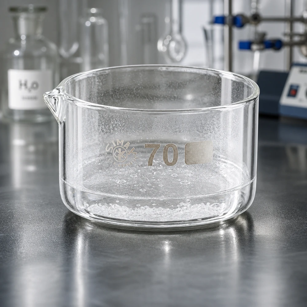 100ml Kristallisierschale mit Ausguss Borosilikat ø70mm Niedrige Borosilikatglas Schale 70mm mit Ausguss im professionellen Laborumfeld mit Glasgeräten
