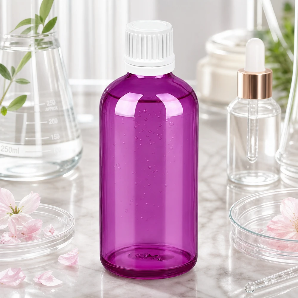 Bottiglia PurpleLine da 100 ml con tappo bianco da 11 mm - ideale per prodotti cosmetici e sieri