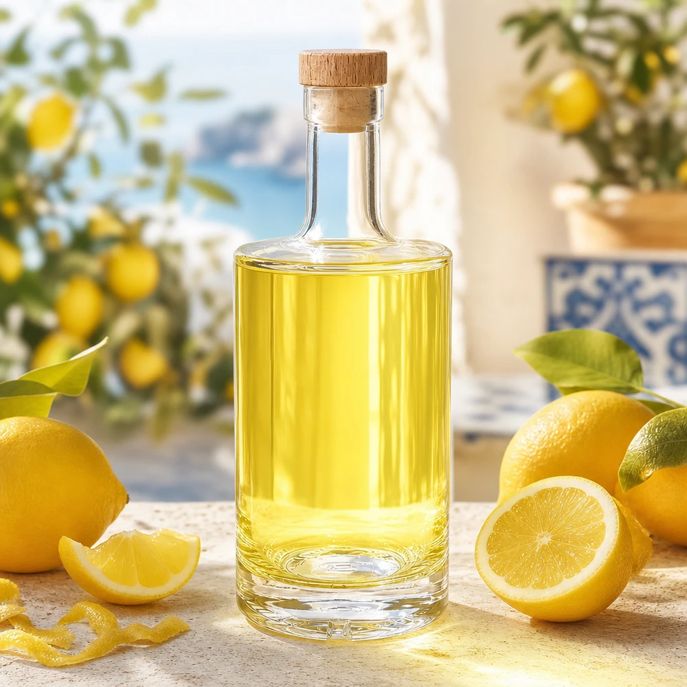 Bottiglia in vetro da 500 ml Nora riempita di liquore al limone decorazione mediterranea tappo in legno UNiTWIST agrumi