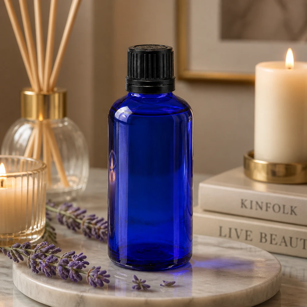 Flacon de pharmacie bleu de 50 ml avec bouchon OV, à côté de fleurs de lavande et de bougies parfumées