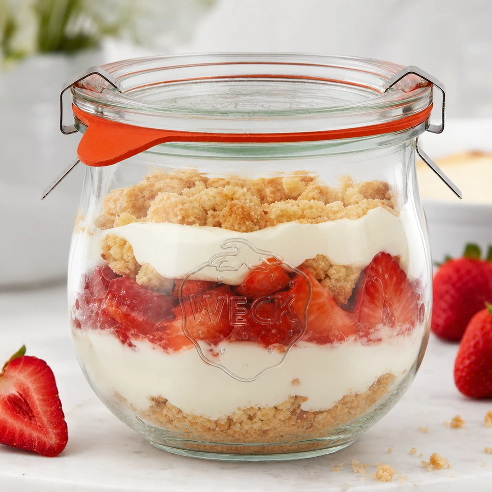 Vaso a tulipano da 370 ml completo WECK RR80 WECK vaso a tulipano 370ml RR80 come vaso da dessert riempito con fragole e zuccherini accanto a frutta fresca