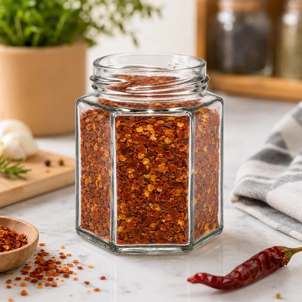 UNiTWIST Hexa196 barattolo esagonale per spezie da 196 ml pieno di fiocchi di peperoncino sul piano di lavoro della cucina