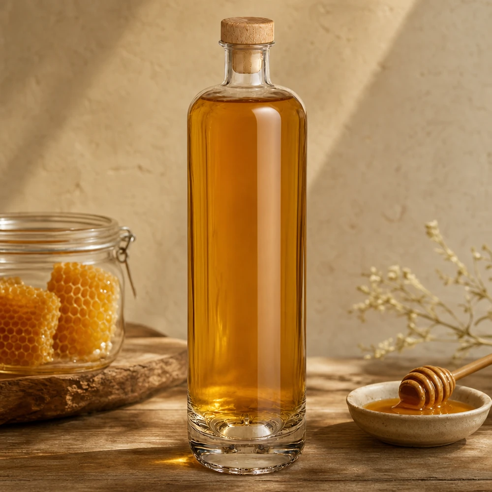 Bottiglia in vetro da 700 ml Ella con tappo in sughero con impugnatura in legno UNiTWIST® Bottiglia in vetro da 700 ml di Ella riempita di miele con tappo in legno accanto a favo e cucchiaio da miele su base in legno