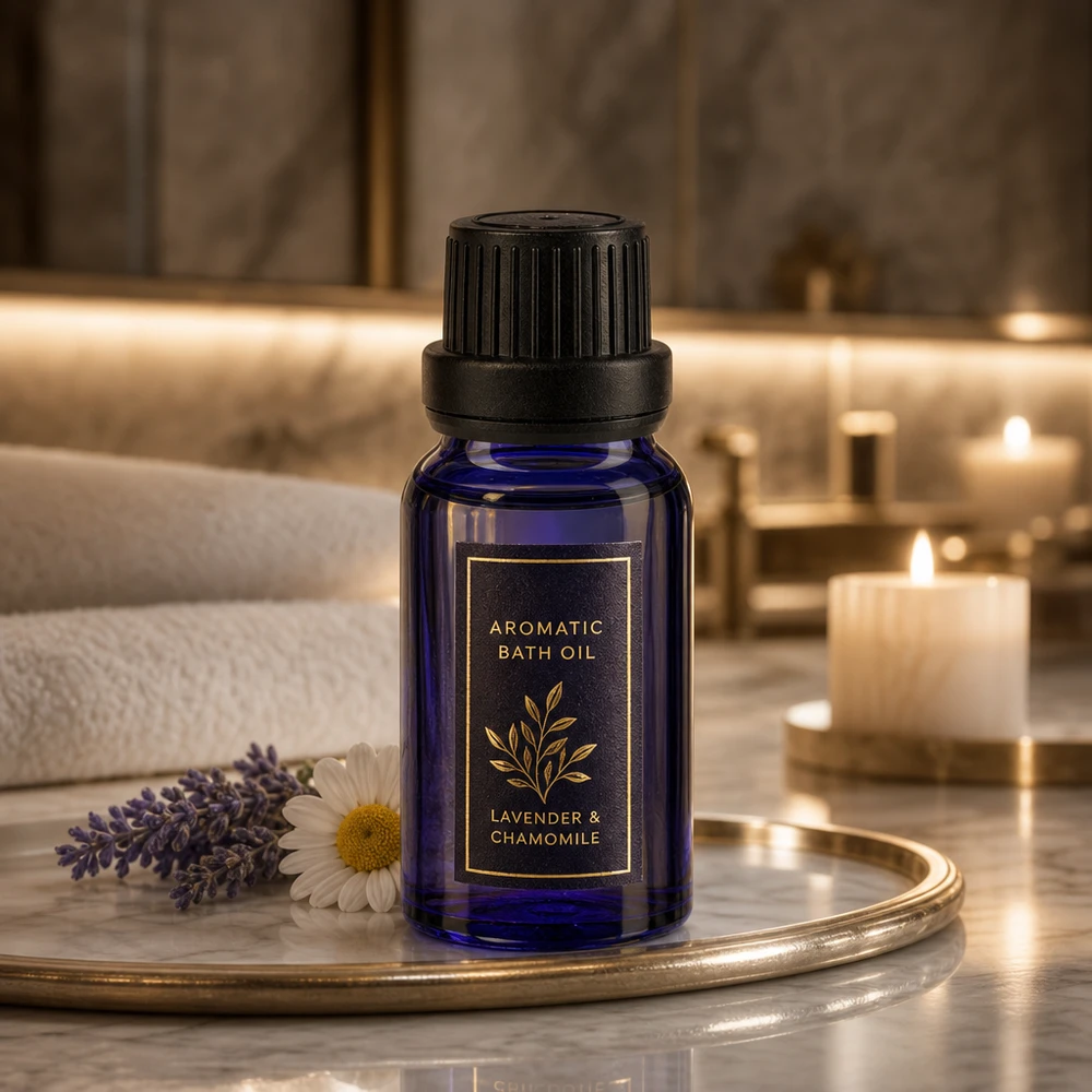 Apothekenflasche blau 10ml Tropfverschluss Giessring 2mm schwarz Originalitätsverschluss Kompakte blaue Tropfflasche aus Apothekenglas neben Lavendel und Kamilleblüten auf Marmor