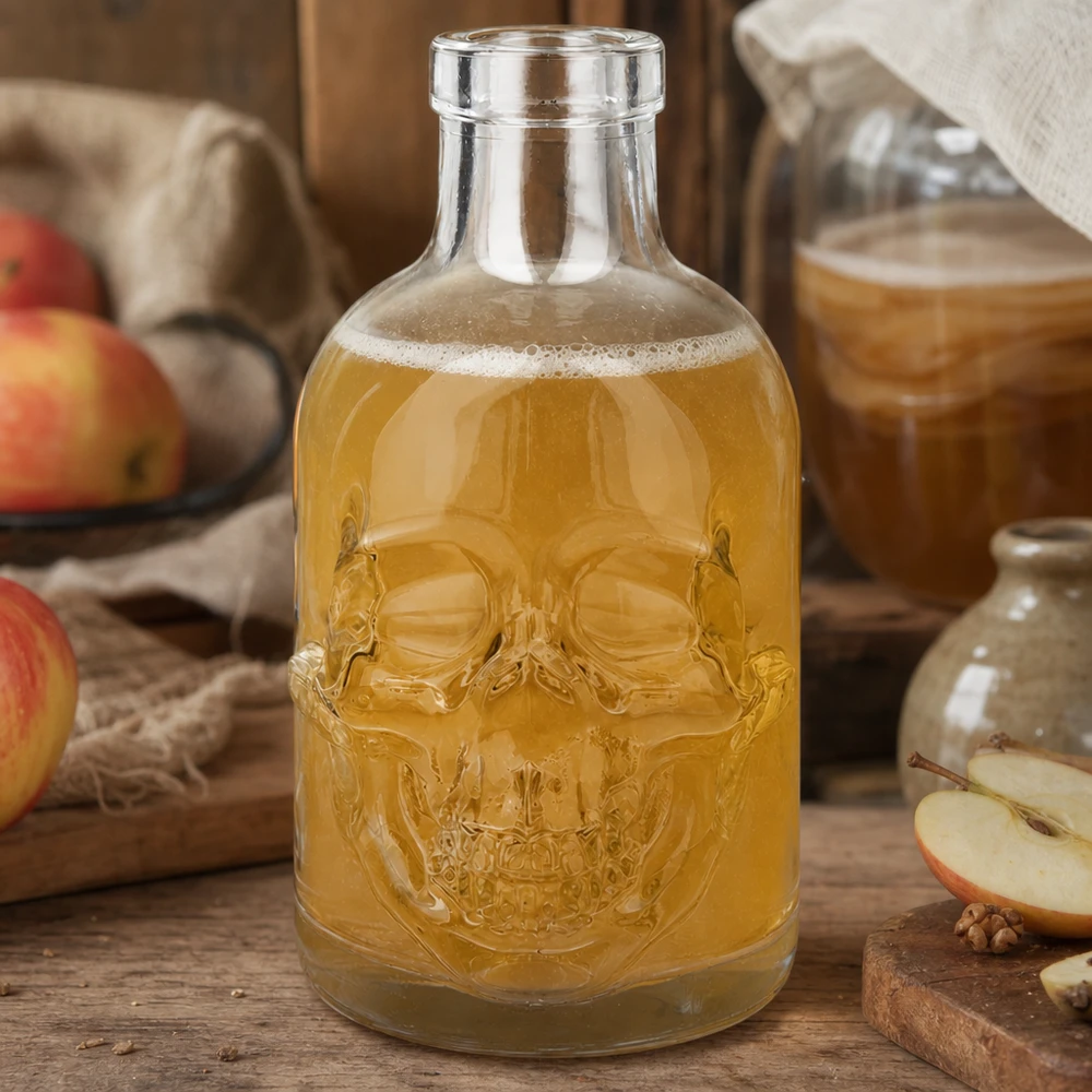 Totenkopf Glasflasche Jack 200ml mit Apfelsaft befüllt umgeben von frischen Äpfeln rustikales Küchen Ambiente UNiTWIST
