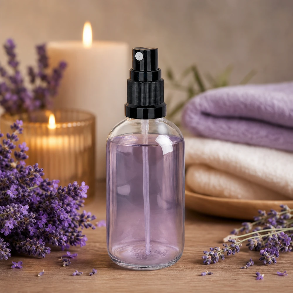 100ml Sprayflasche schwarz/transparent Standardverschluss ClearLine UT18/100 Transparente 100ml Glasflasche mit schwarzem Sprühaufsatz für ätherische Öle und Hydrolate