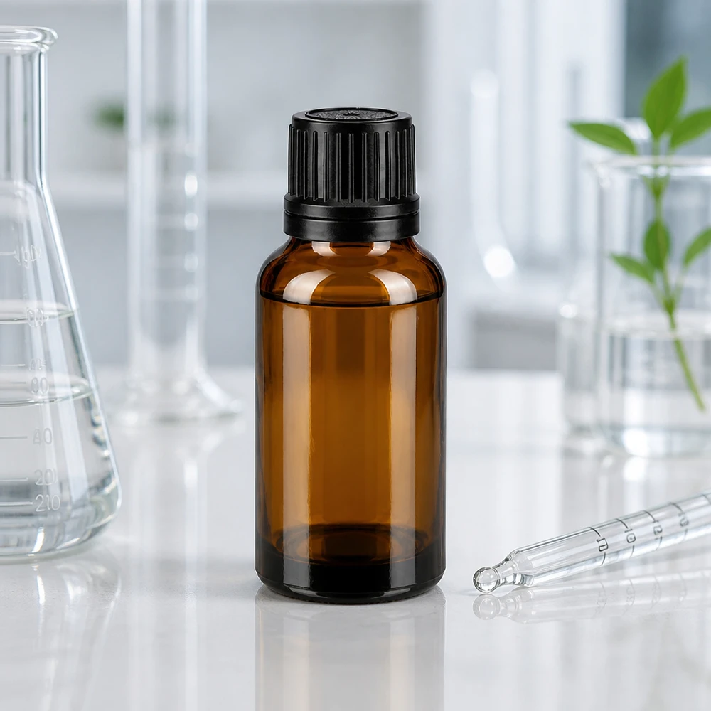 Flacon compte-gouttes en verre ambré de 20 ml avec un goulot de 1 mm et un bouchon OV noir, en laboratoire