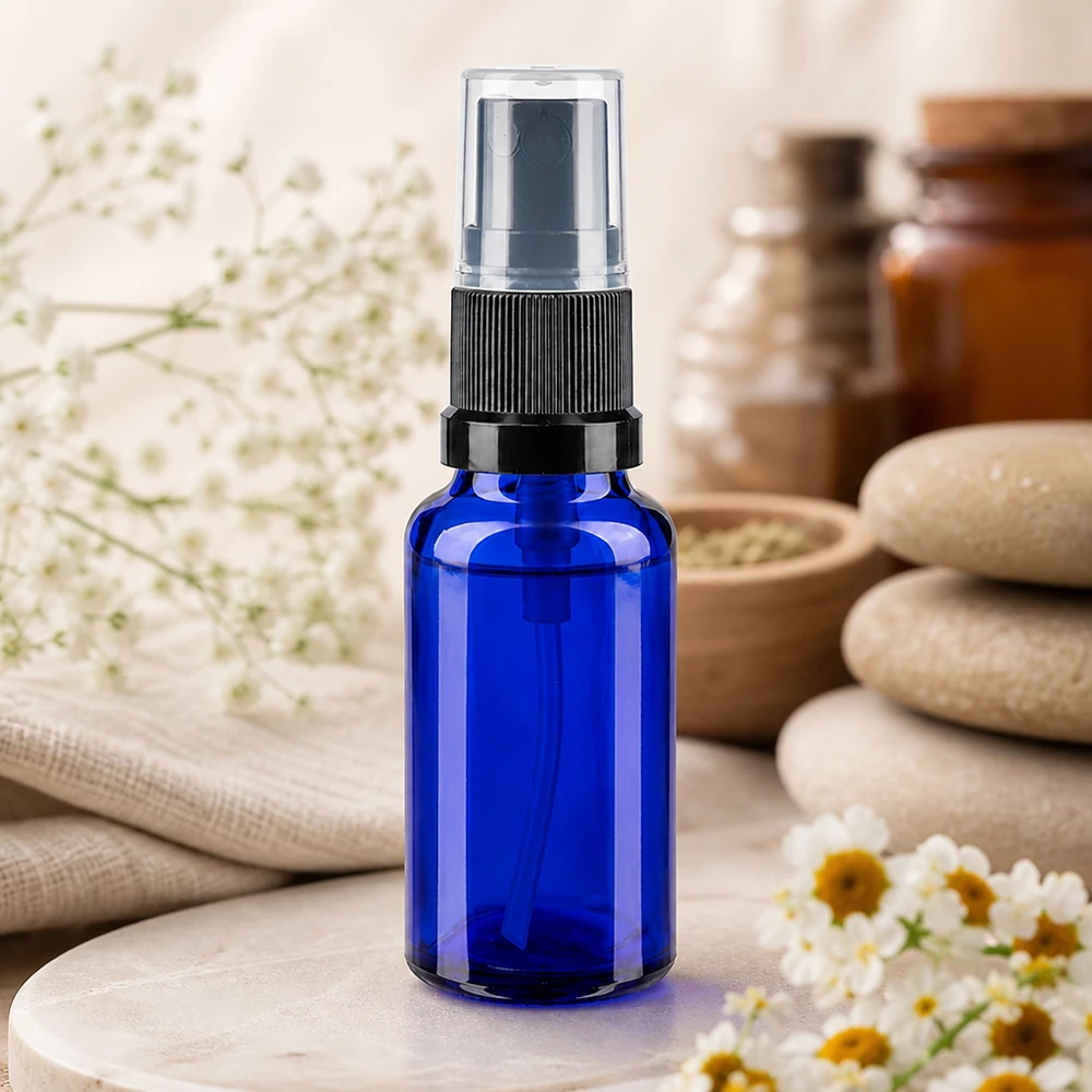20ml blaues Apothekerglas mit Sprühaufsatz für Gesichtswasser Toner und natürliche Pflegeprodukte