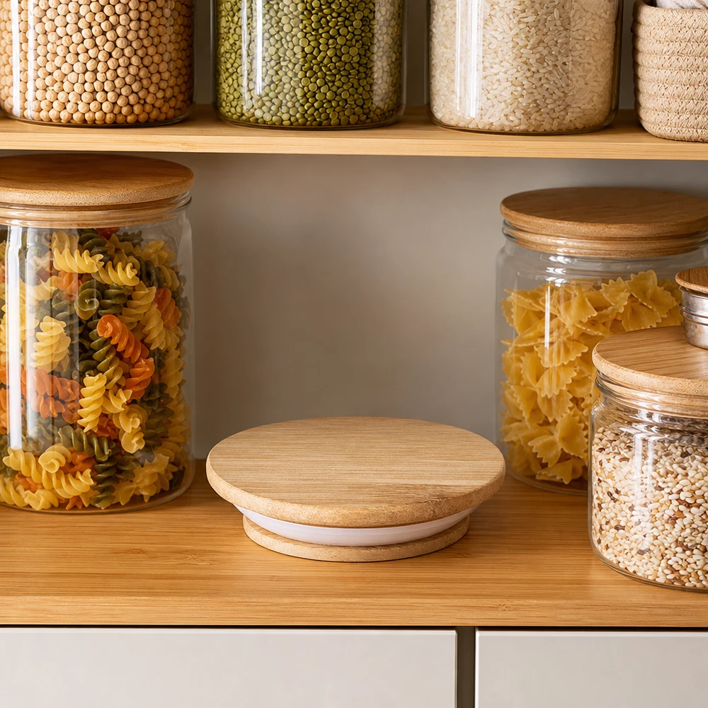 Coperchio in legno versione "A" per WECK RR40 Coperchio in legno WECK RR40 rovere naturale in cucina organizzato con barattoli per pasta, riso e legumi