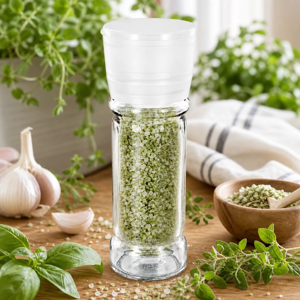 Pot à sel/épices 100 ml avec moulin Vario blanc Kompakte 100ml Salzmühle mit Kräutersalz neben frischem Basilikum und Oregano auf Holzoberfläche