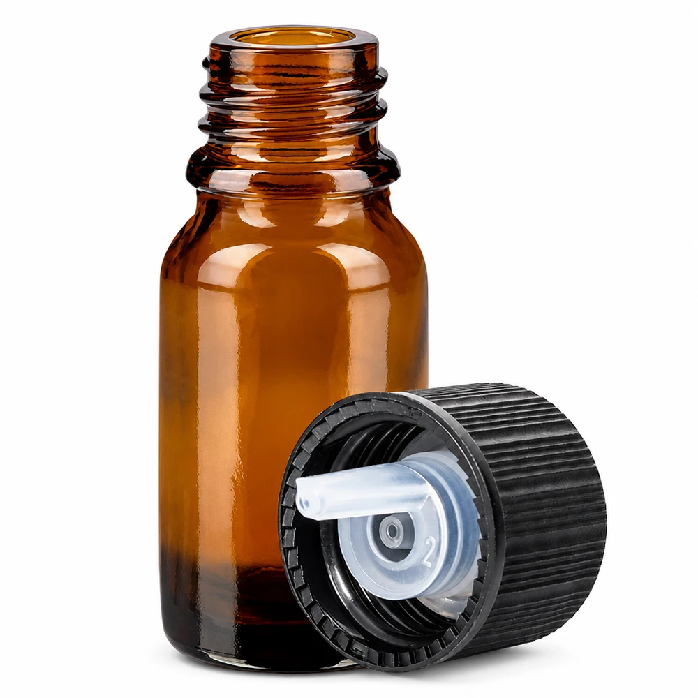 Flacone contagocce compatto da 10 ml in vetro ambrato con protezione dai raggi UV e sistema di chiusura nero