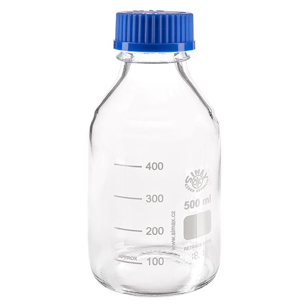 Bottiglia filettata da laboratorio 500ml con tappo, borosilicato Bottiglia filettata da laboratorio 500ml con tappo, borosilicato
