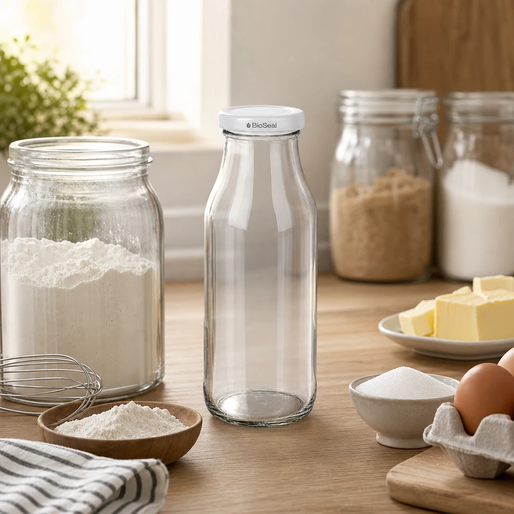 UNiTWIST Bottle263 bottiglia di vetro vuota con coperchio BioSeal bianco su un tavolo di legno, tra ingredienti da forno e utensili da cucina.