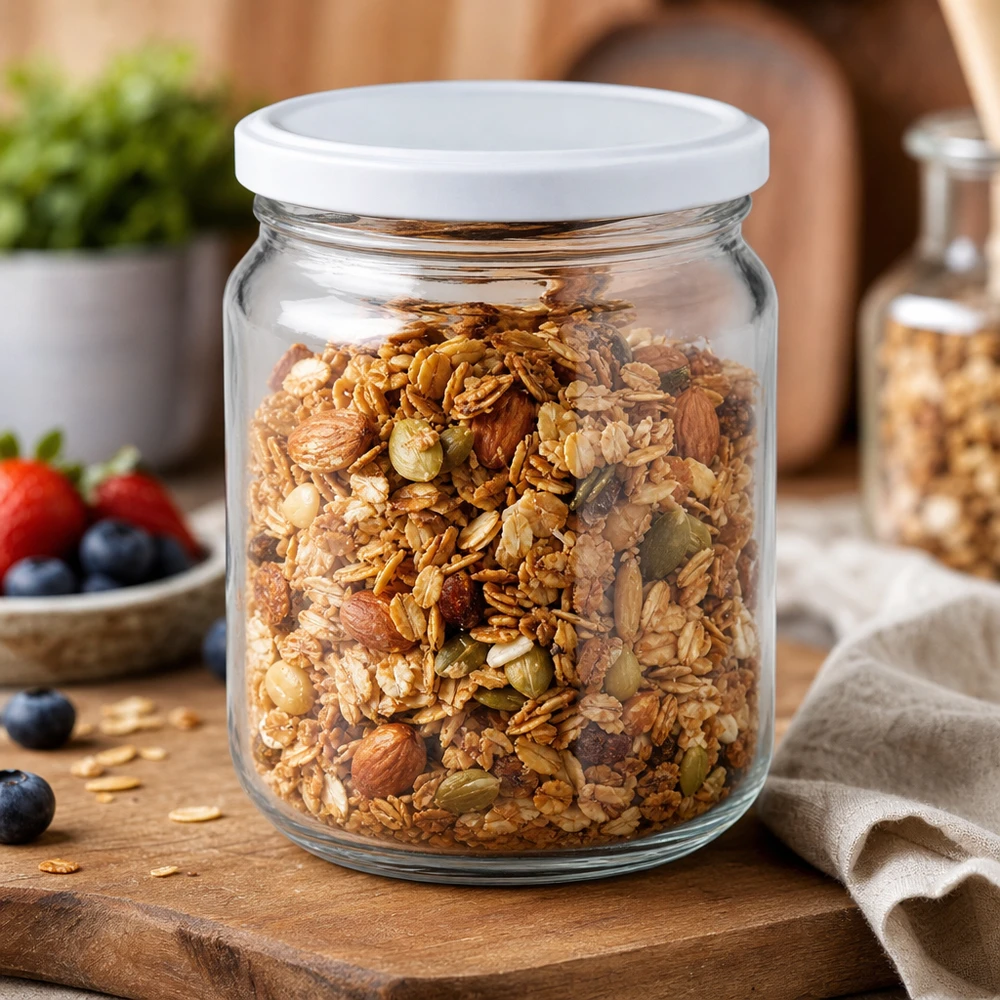 212ml Rundglas mit BasicSeal Deckel weiß TO63 UNiTWIST Barattolo rotondo UNiTWIST da 212 ml con coperchio BasicSeal pieno di muesli noci semi granola Barattolo per la conservazione Accessori da cucina