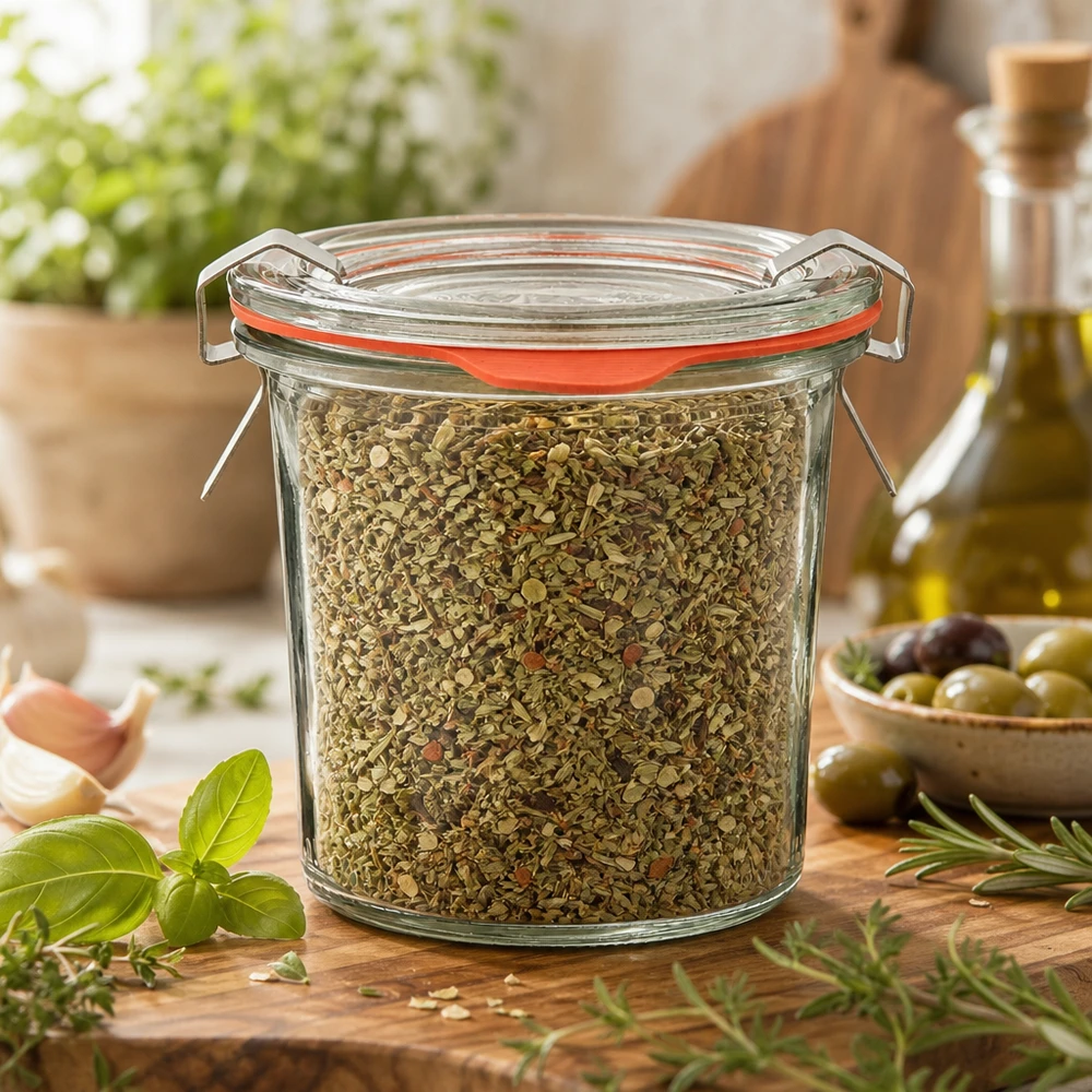 Idea barattolo per spezie: WECK mini mason jar 140ml Barattolo compatto da 140 ml con mix di erbe aromatiche (origano e timo) e coperchio in vetro