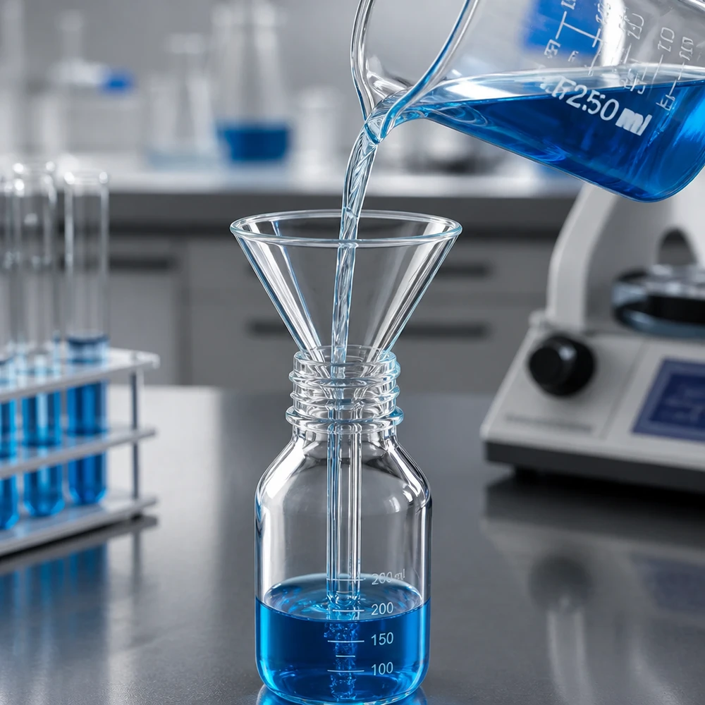 Imbuto Ø 35mm per calce sodata, angolo 60°, stile corto Imbuto di precisione Ø35mm in vetro soda-calce con manico corto per applicazioni chimiche