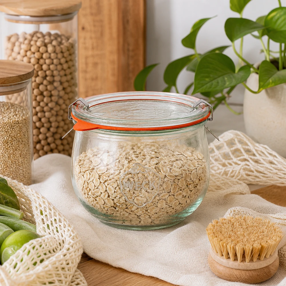 Vaso per tulipani da 580 ml completo WECK RR100 Barattolo WECK tulipano 580ml RR100 per conservare i fiocchi d'avena in una cucina sostenibile con materiali naturali
