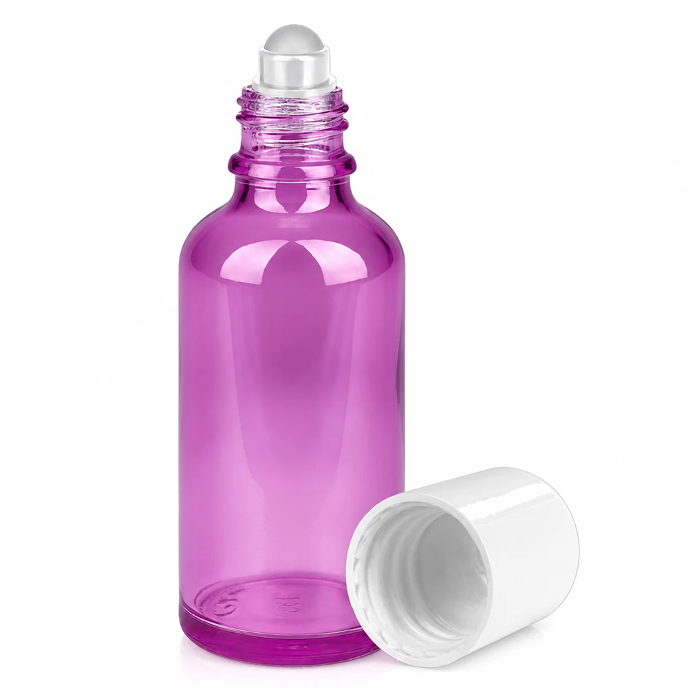 Flacone roll-on da 50 ml bianco Standard PurpleLine UT18/50 Flacone in vetro viola da 50 ml con sistema roller, ideale per gli oli di profumo e l'aromaterapia.