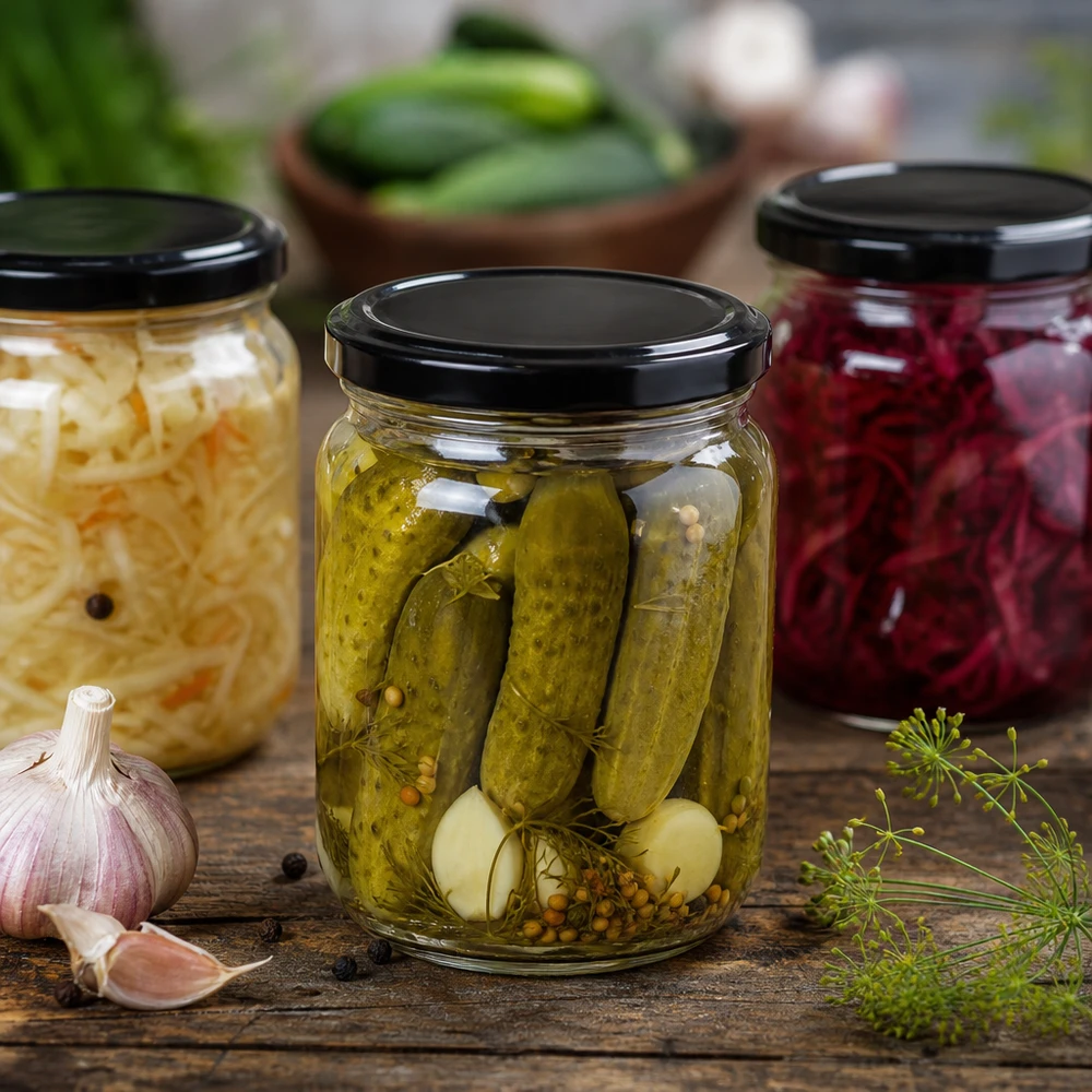 212ml Verre rond avec couvercle BasicSeal noir UNiTWIST 212ml Rundglas mit schwarzem BasicSeal Deckel für eingelegte Gurken Pickles in rustikaler Küche mit Knoblauch Dill