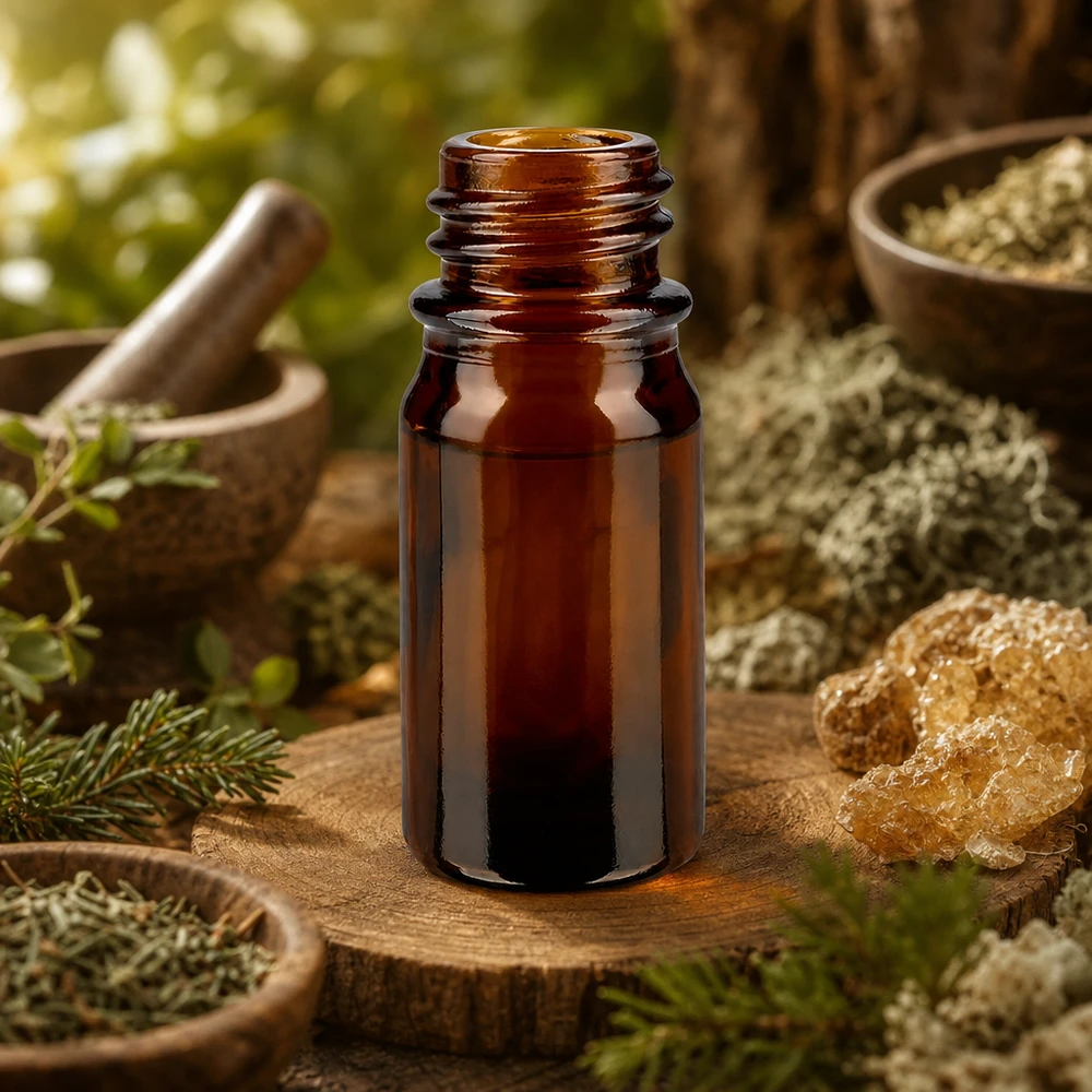 Flacon de médecine compte-gouttes 5ml brun DIN18 Bouteille de pharmacie 5ml brune ApoGlas sur tronc d'arbre avec cristaux naturels Herbes et mortier dans une ambiance de forêt