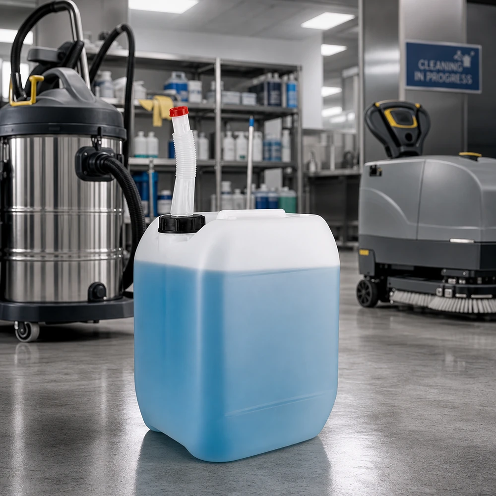 Bidon 10 litres avec tuyau d'écoulement Flex Bidon de nettoyage bleu de 10 litres avec bec verseur flexible, destiné au nettoyage professionnel des bâtiments