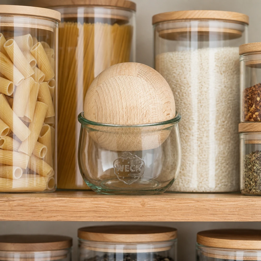 Vaso a tulipano da 580 ml WECK RR100 con sfera in legno di faggio Vaso a tulipano WECK 580ml RR100 con sfera in legno di faggio in cucina organizzato tra i vasi per pasta e riso