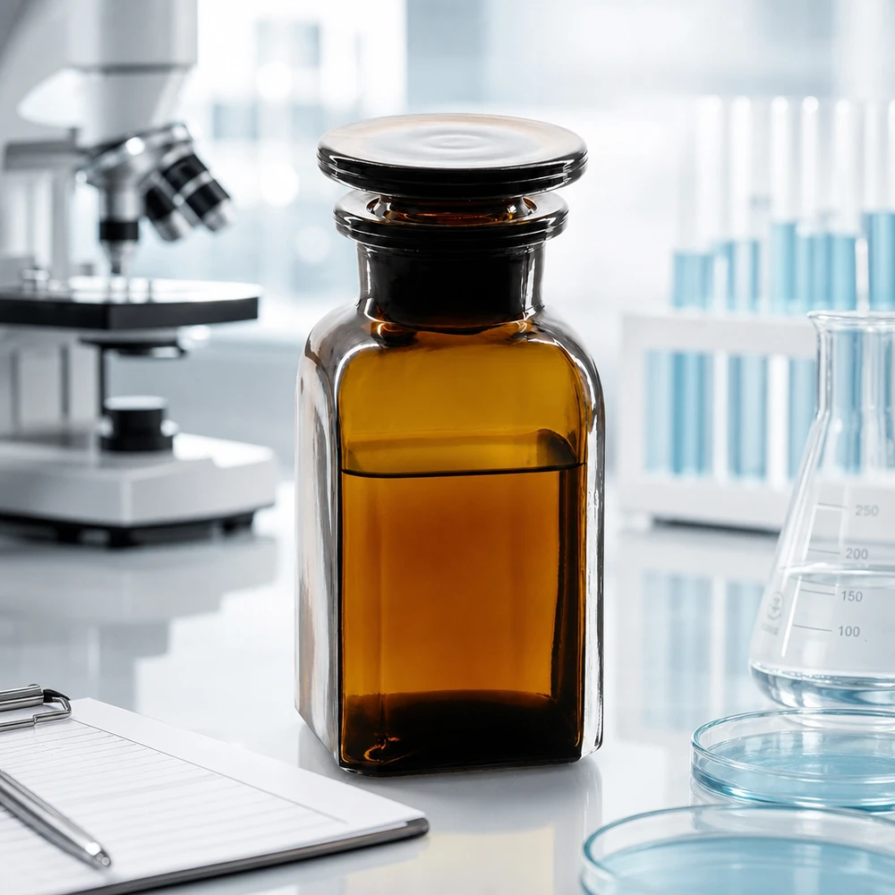 Bottiglia quadrata 100ml marrone a collo largo, tappo in vetro Bottiglia quadrata marrone da 100 ml con tappo di vetro in un ambiente di laboratorio, accanto a un microscopio e a un matraccio di Erlenmeyer