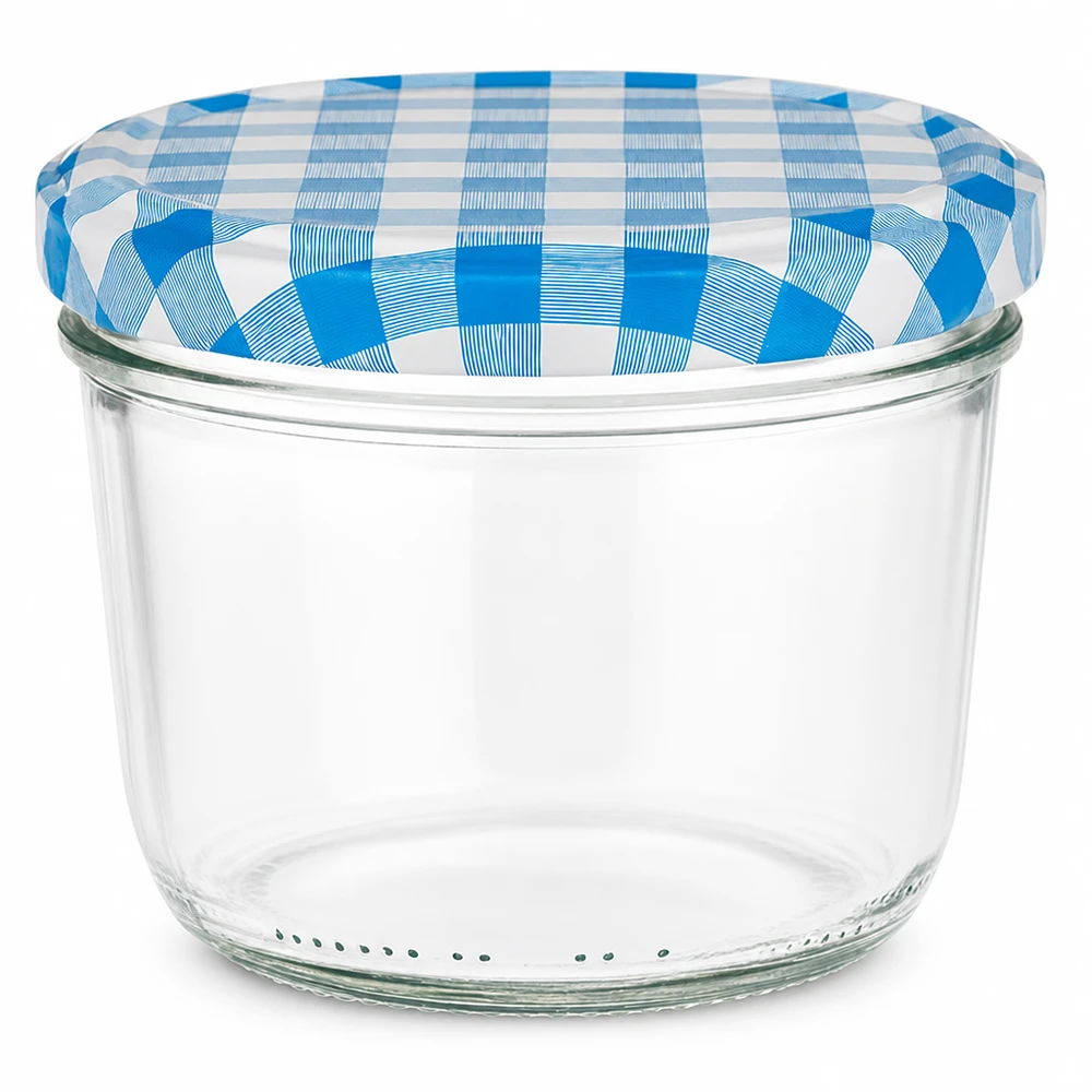Bicchieri da 230 ml con coperchio BasicSeal a scacchi blu e bianchi per marmellate e conserve