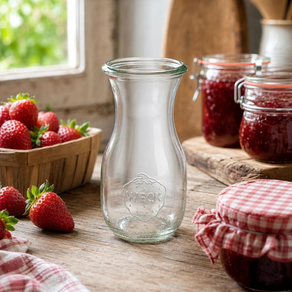 Bottiglia per succhi da 290 ml WECK RR60 Bottiglia di succo WECK 290ml RR60 in una cucina rustica con fragole fresche e marmellata fatta in casa