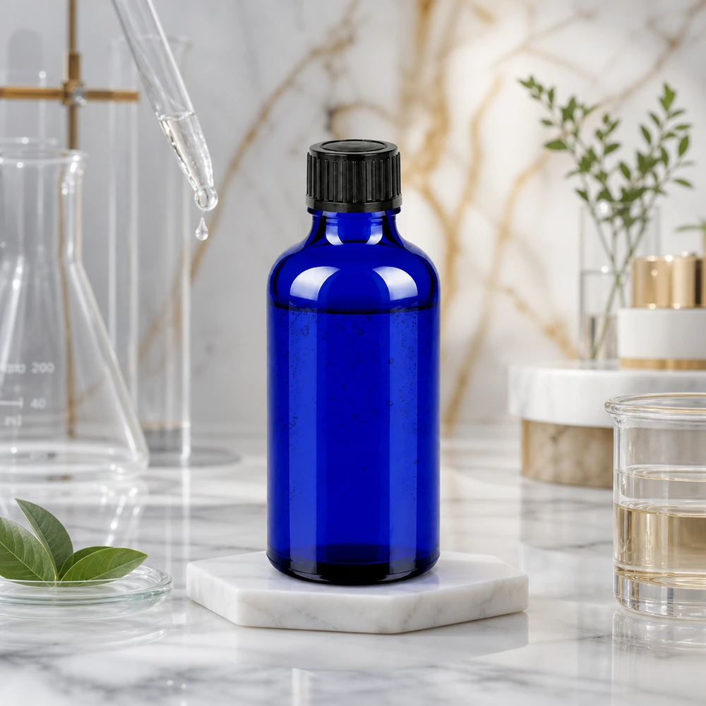 Robusto flacone in vetro blu cobalto da 50 ml con tappo nero opaco, adatto all'uso in laboratorio e in farmacia