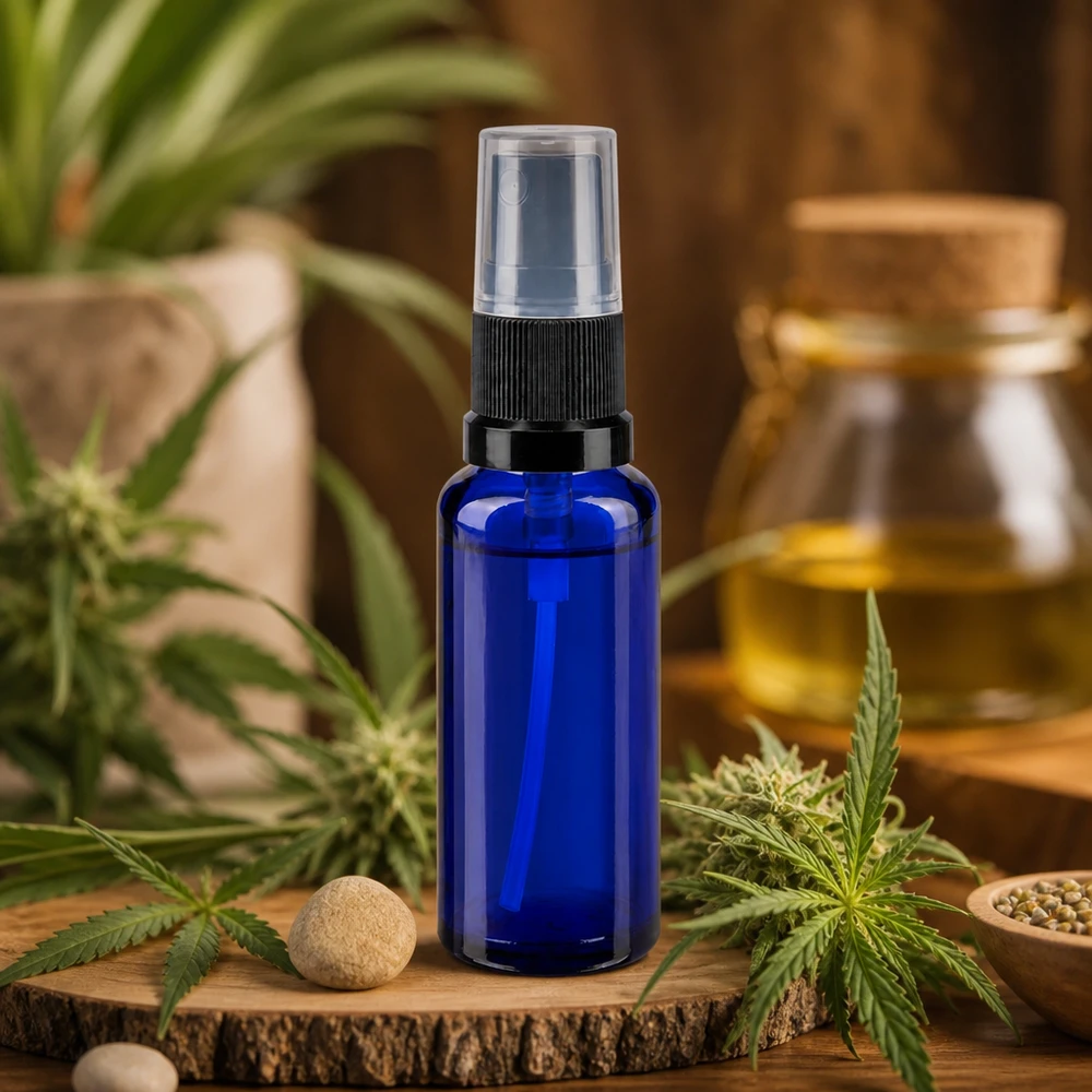Kompakte 30ml Glassprayflasche in Apothekenqualität mit Hanfsamen und goldgelbem Pflanzenöl