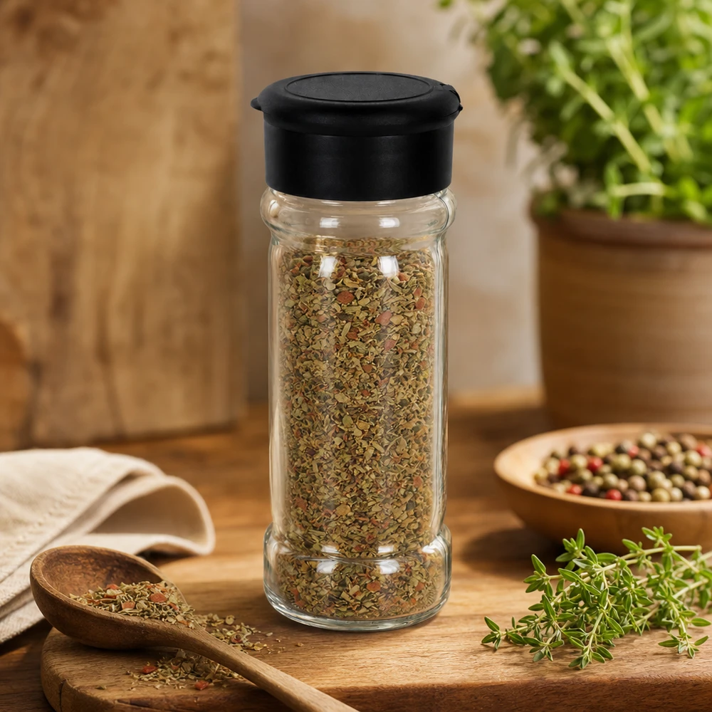 Pot à sel/épices 100 ml avec saupoudreuse, noir Rundes Salz- und Gewürzglas 100ml mit schwarzem Deckel zwischen frischen Kräutern