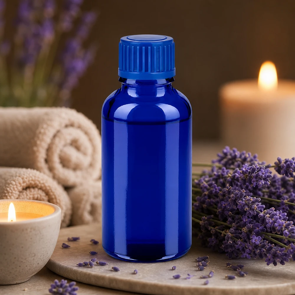 Il flacone in vetro blu da 30 ml, resistente ai raggi UV, offre una protezione ottimale per le sostanze sensibili alla luce.